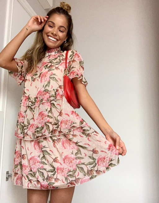 River Island floral tiered mini smock dress in pink