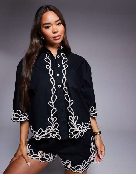 River Island  floral trim detail boxy shirt I black co ord - view 1