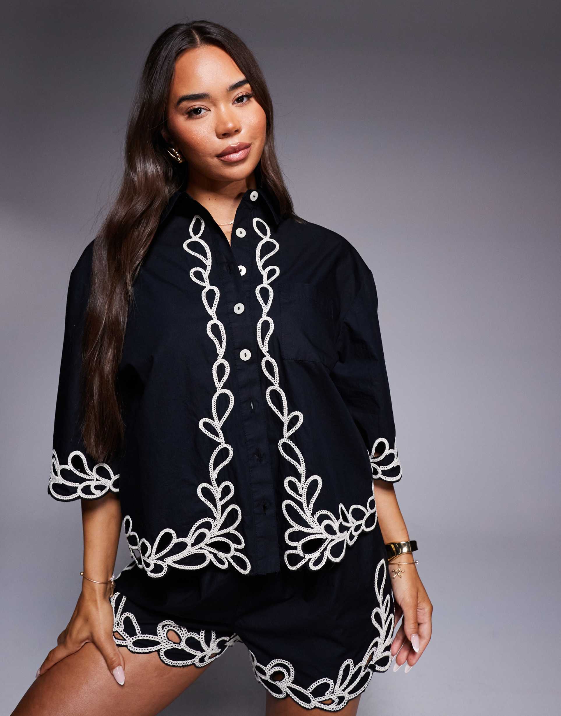 river island floral trim detail boxy shirt in black - part of a set