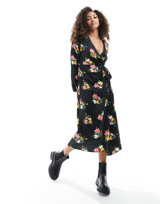 River Island Floral wrap midi dress in black ASOS
