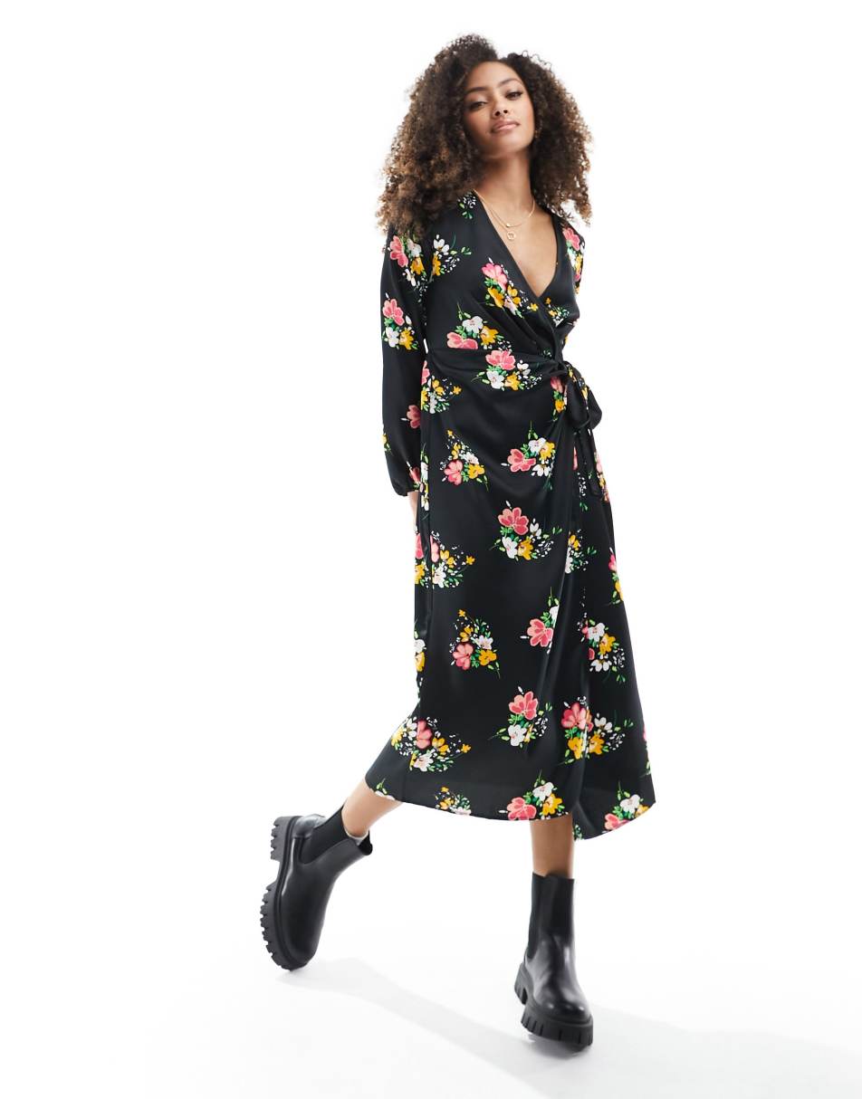 River Island Floral wrap midi dress in black