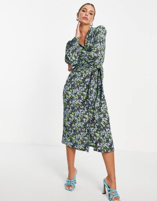 River Island floral wrap midi dress in green