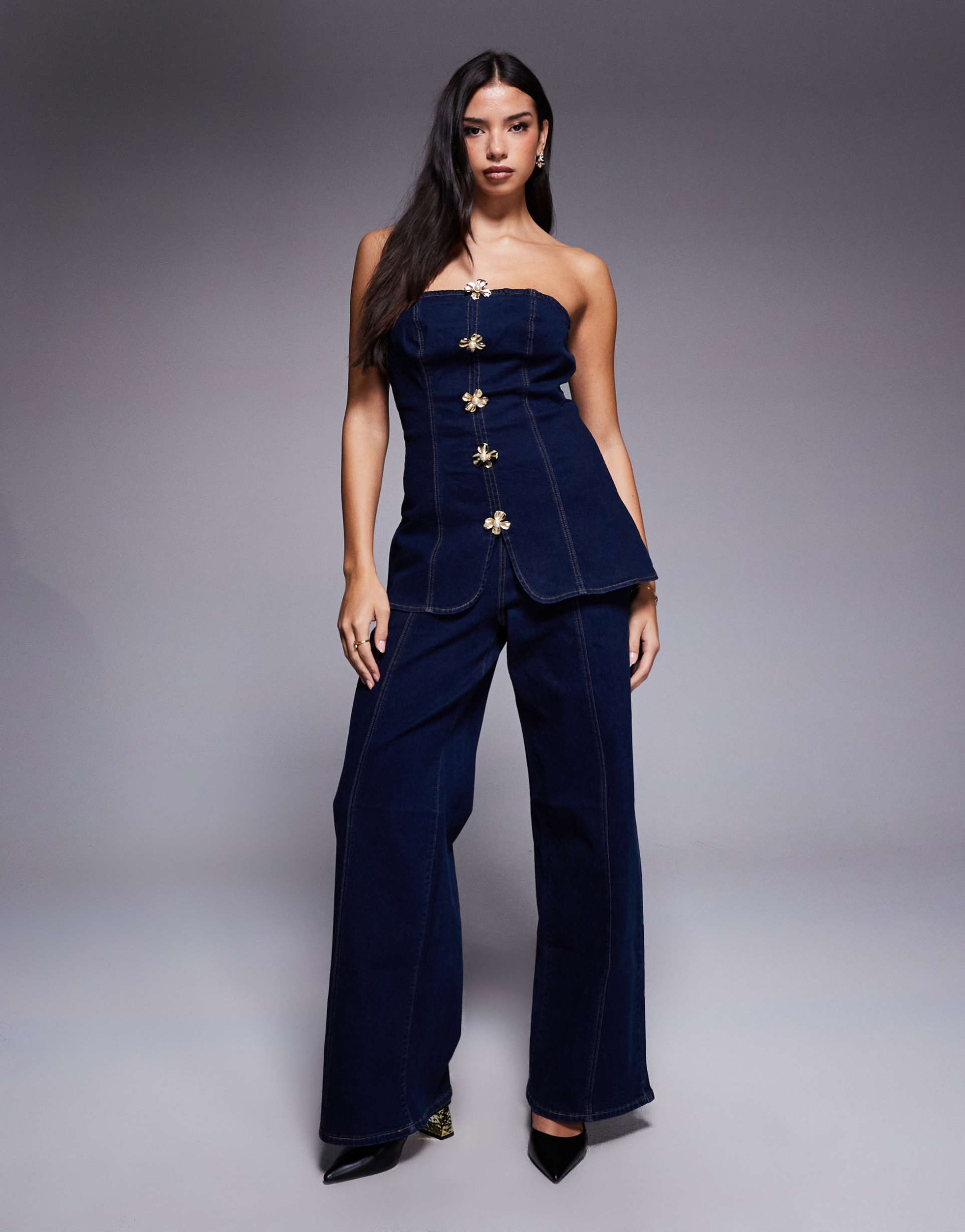 river island flower button detail jumpsuit in dark denim