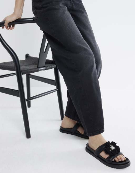 River Island Flower embellished flat sandals in black