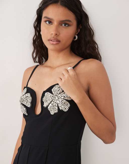 River Island flower embellished jumpsuit in black, 3 of 4
