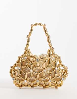 River Island flower pearl beaded grab bag in gold