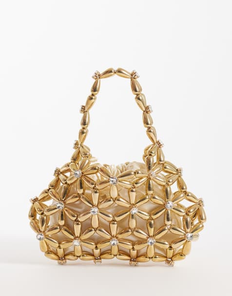 River Island flower pearl beaded grab bag in gold - view 1
