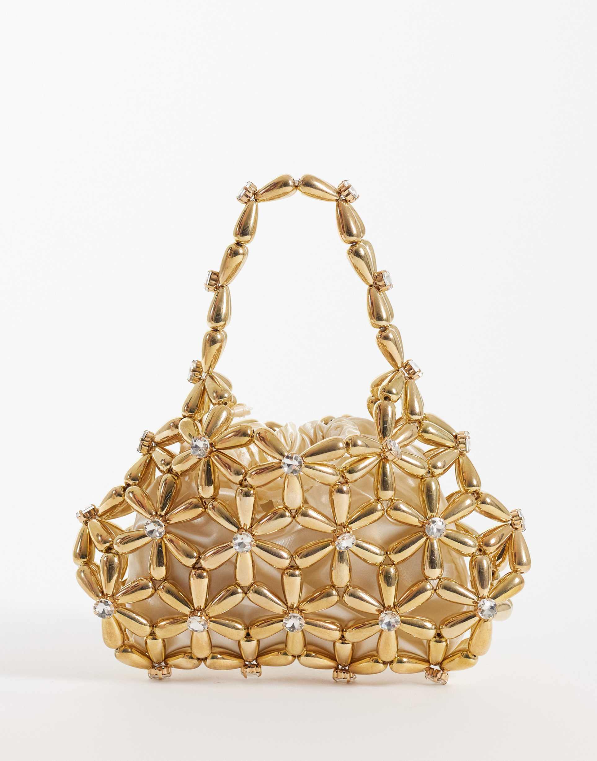 river island flower pearl beaded grab bag in gold
