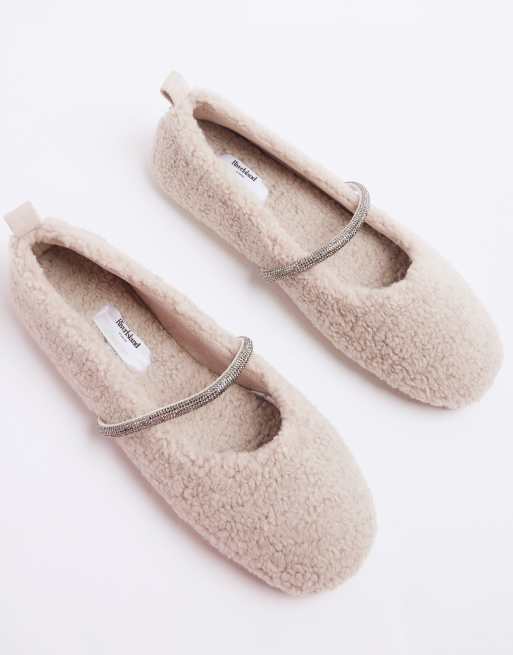 River Island fluffy ballet slipper with diamante detail in light gray