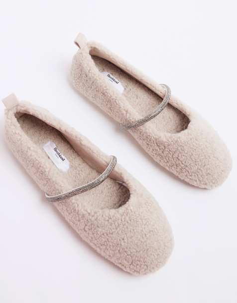 River Island fluffy ballet slipper with diamante detail in light grey - view 1