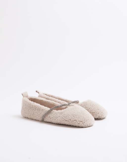 River Island fluffy ballet slipper with diamante detail in light grey, 3 of 3