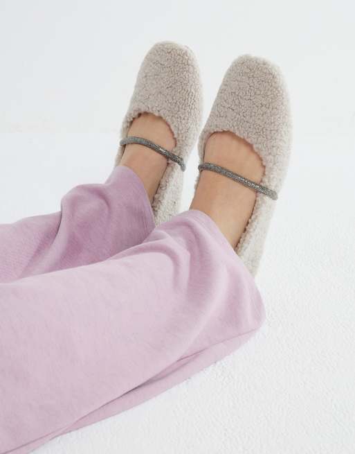 River Island fluffy ballet slippers with diamante detail in light