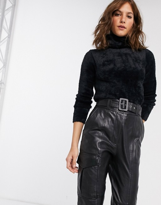 River Island fluffy cropped roll neck jumper in black