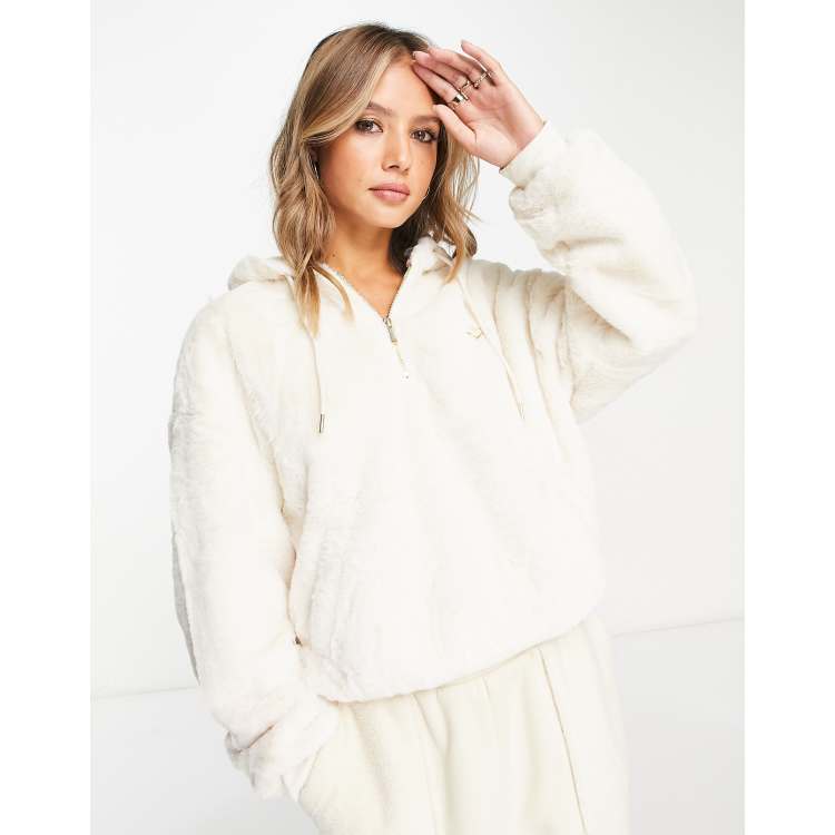 River Island fluffy half zip hoodie in cream ASOS