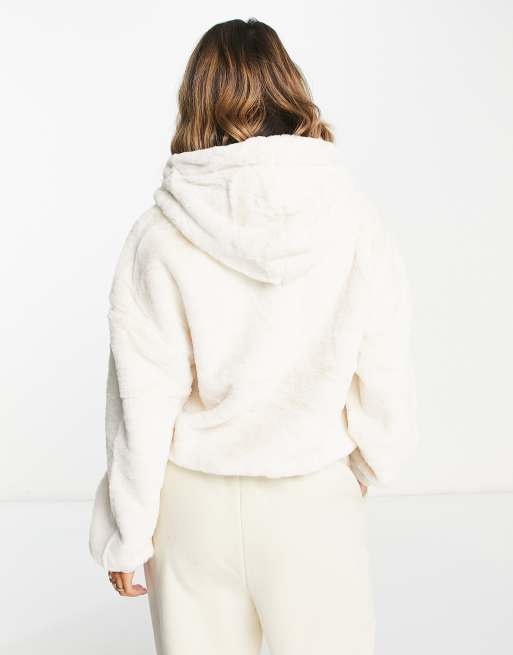 River Island fluffy half zip hoodie in cream