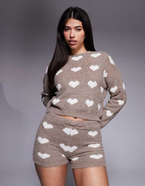 River Island fluffy heart pattern cosy shorts set in brown - view 1