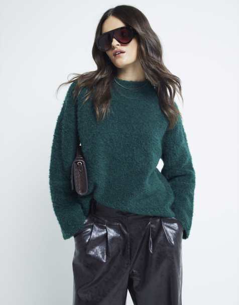 River Island fluffy jumper in forest green - view 1