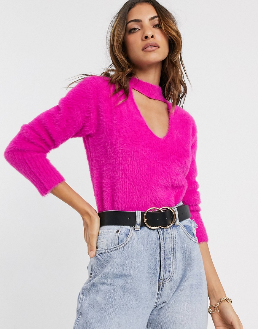 River Island fluffy jumper with cut out back in pink