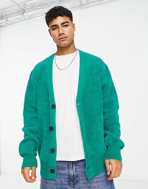 River Island fluffy knitted cardigan in green | ASOS