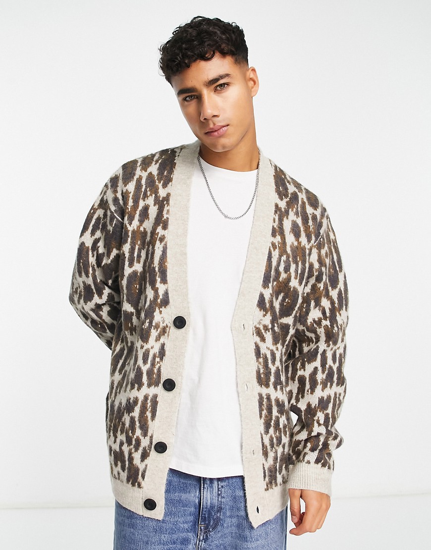 River Island fluffy knitted cardigan in leopard print-Neutral