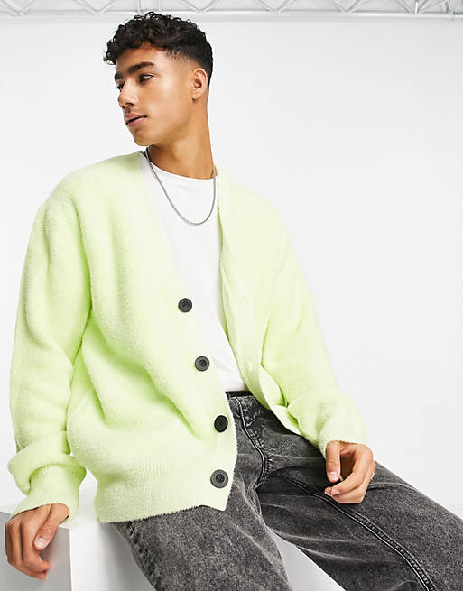 River Island fluffy knitted cardigan in lime | ASOS
