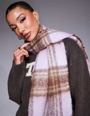River Island Fluffy Plaid Scarf In Purple