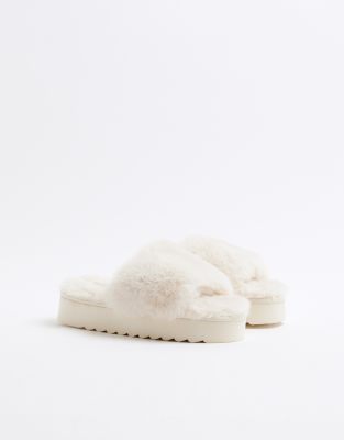 River Island River Island fluffy slider in cream-White