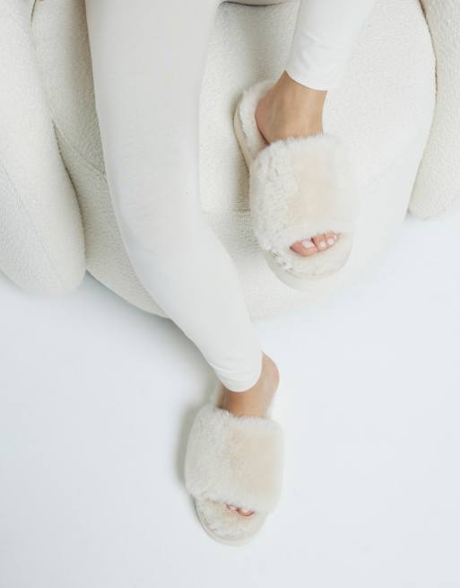 River Island fluffy sliders in cream ASOS