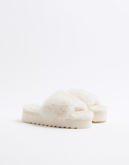 River Island fluffy slides in cream
