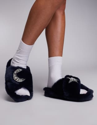 fluffy slipper with embellished detail in navy
