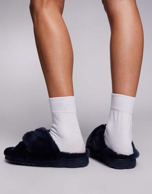 River Island fluffy slipper with embellished detail in navy ASOS