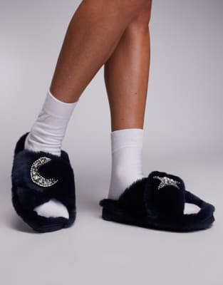 River Island fluffy slippers with embellished detail in navy