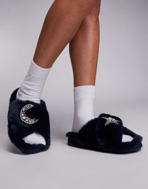 River Island fluffy slippers with embellished detail in navy - view 1