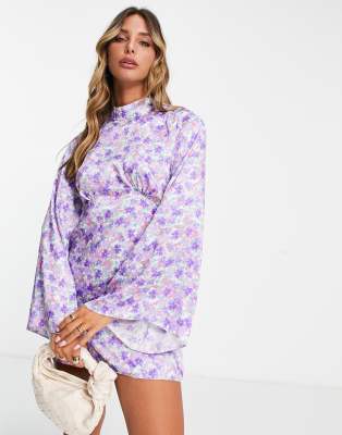 River Island flute sleeve floral mini dress in purple - ASOS Price Checker