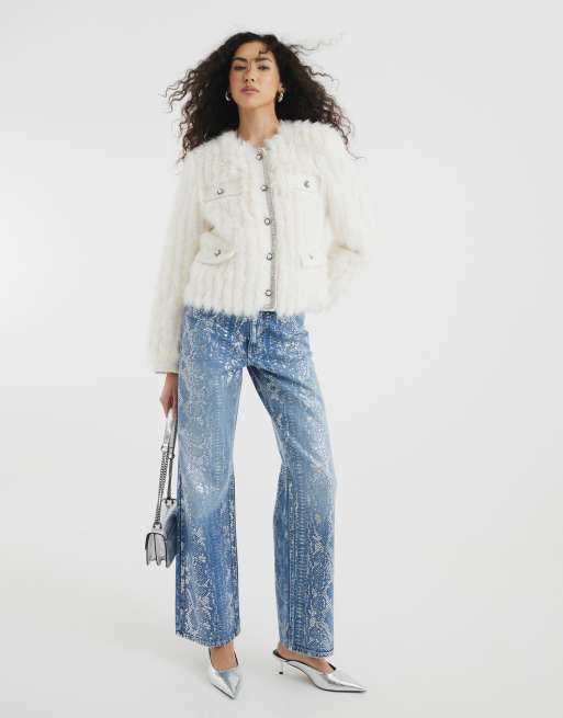 River Island foil snake print relaxed straight jeans in midblue wash
