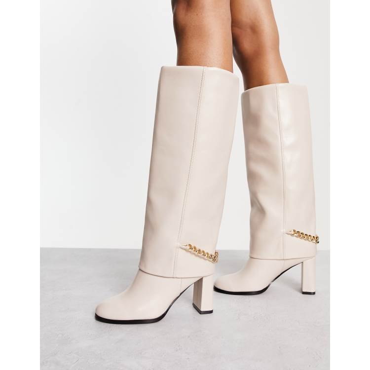 ASOS DESIGN Clearly high-heeled fold over knee boots in cream