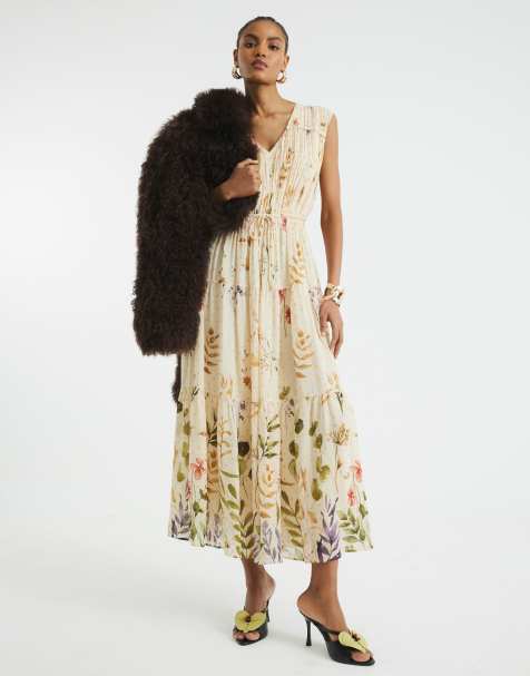 River Island Foral shirred midi dress in cream - view 1