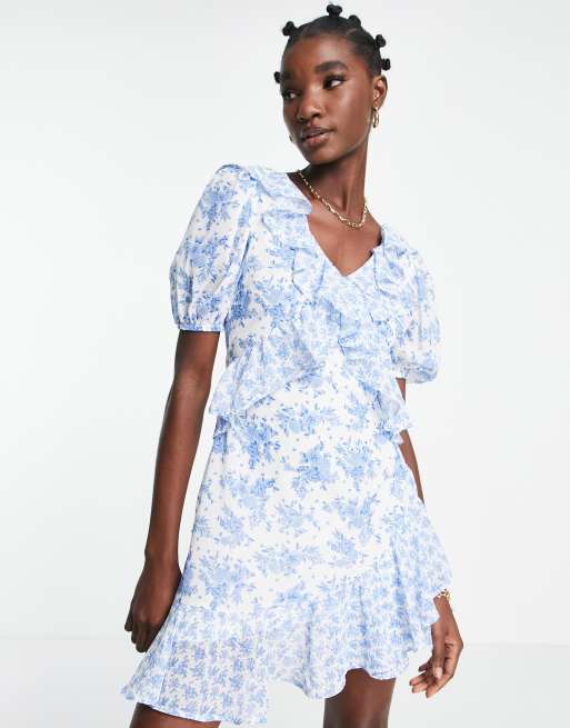 River Island frill asymmetric floral mini dress in blue | ASOS