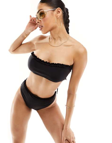 River Island frill bandeau bikini top in black - view 1