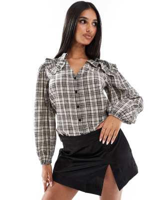 River Island River Island frill collar shirt in black and white check-Grey