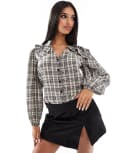 [River Island] River Island frill collar shirt in black and white check-Grey 6 GREY