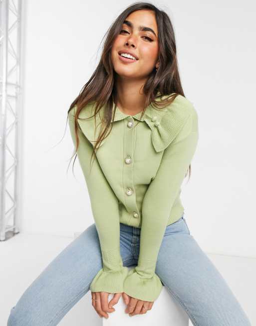 River Island frill collared cardigan in pistachio