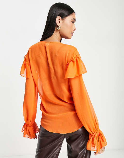 River Island frill detail chiffon blouse in orange