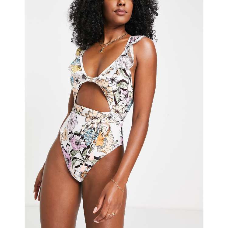 River Island frill detail cut out floral swimsuit in white