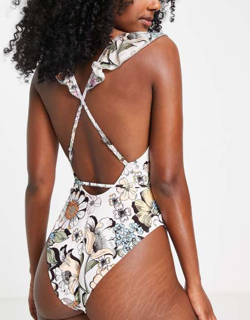 River Island frill detail cut out floral swimsuit in white