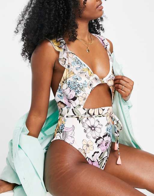 River Island frill detail cut out floral swimsuit in white