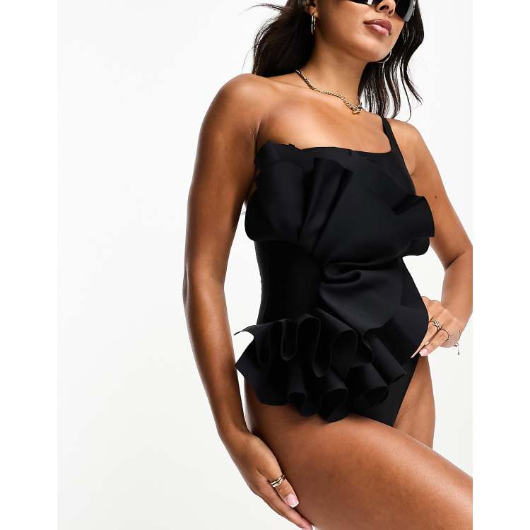 River Island frill detail cut out one shoulder swimsuit in black | ASOS