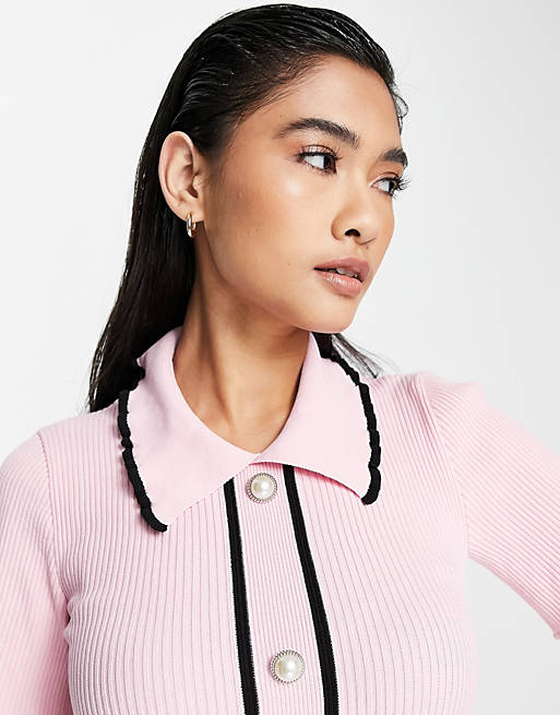 River Island frill edge pearl button polo top in pink | ASOS