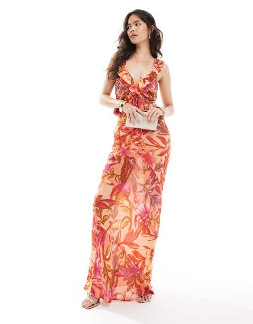 River Island frill floral strappy top in orange - part of a set