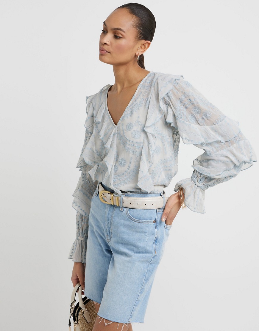 River Island Frill fluted cuff blouse in blue - light